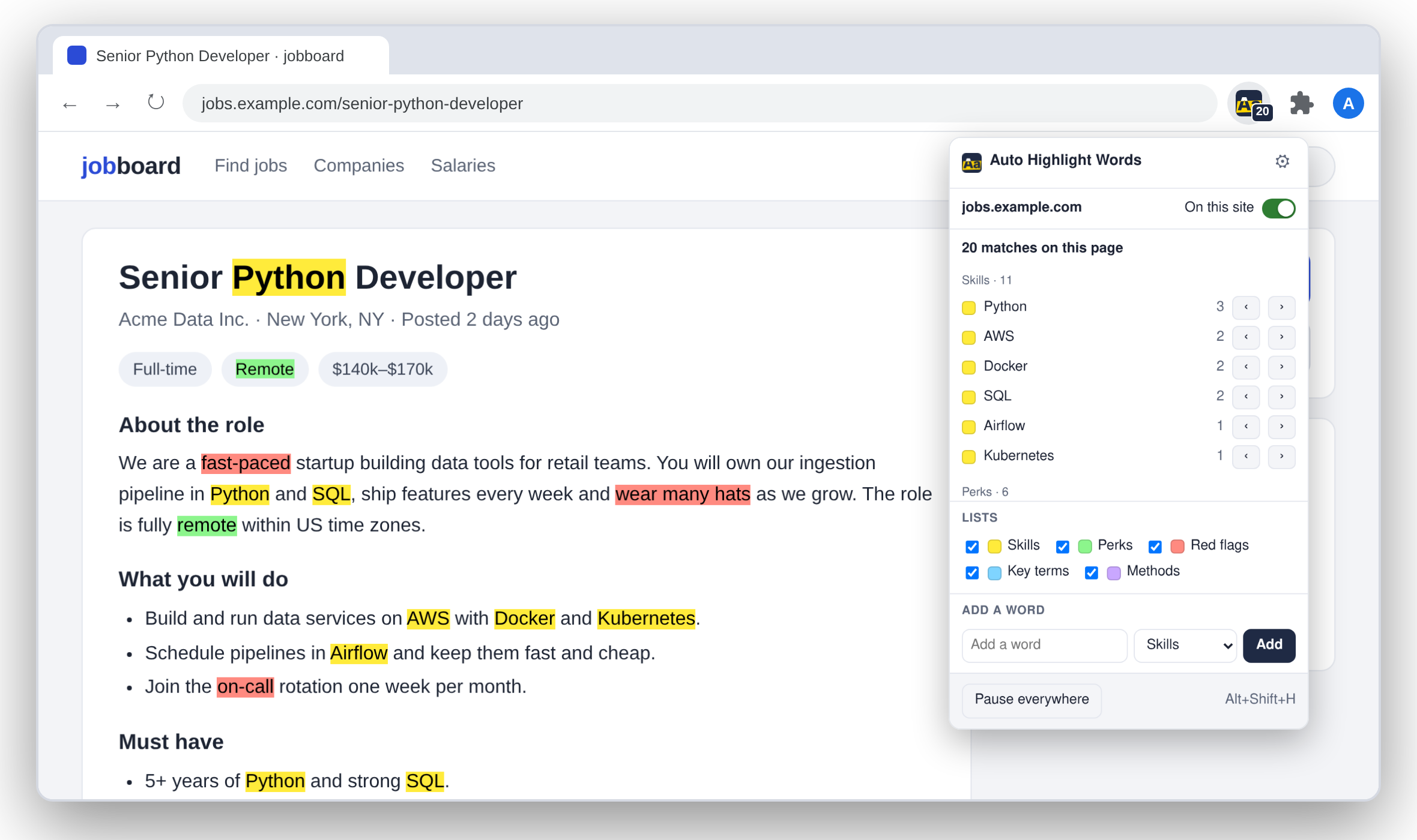 A job post with skills highlighted in yellow and red flags in red; the extension menu counts each word
